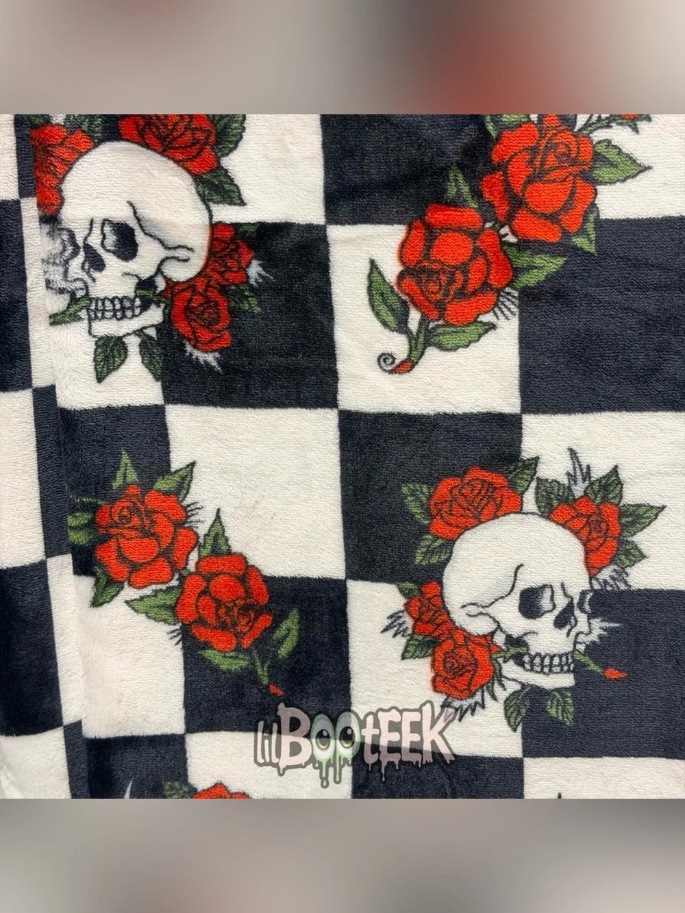 Ed Hardy Black & White Checkered Skull Rose Plush Oversized Throw Blanket